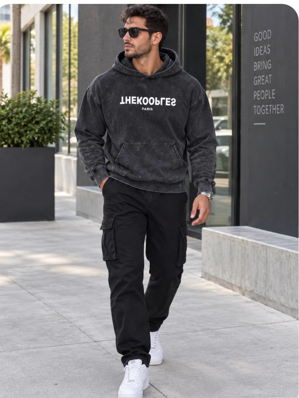 The kooples black acid wash hoodie sweatshirt with inverted graphic text
